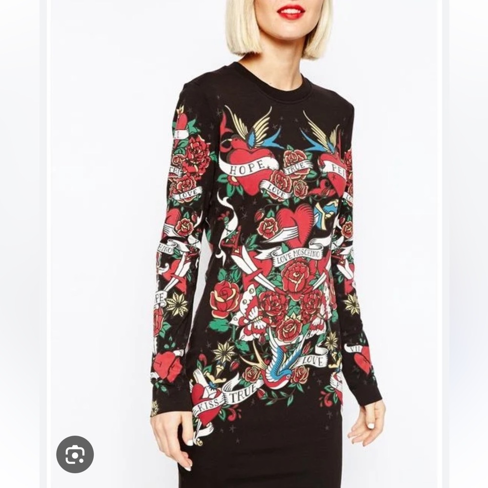 Love Moschino Mini Dress Womens Sz 4 Black Tattoo Print Y2K Long Sleeve Graphic
